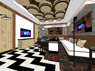 Modern KTV Interior Design With Barrel Ceiling Checkered Floor TV Screens And Sofa 3d model