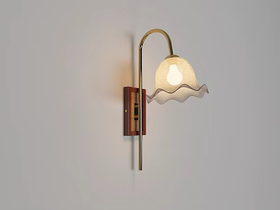 Elegant Wall Lamp With Curved Metal Arm Wooden Base And White Ruffled Lampshade 3d model