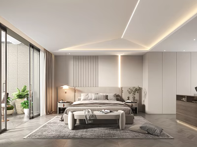 Elegant Modern Bedroom Interior Design With Large Bed Area Rug And Potted Plants 3d model