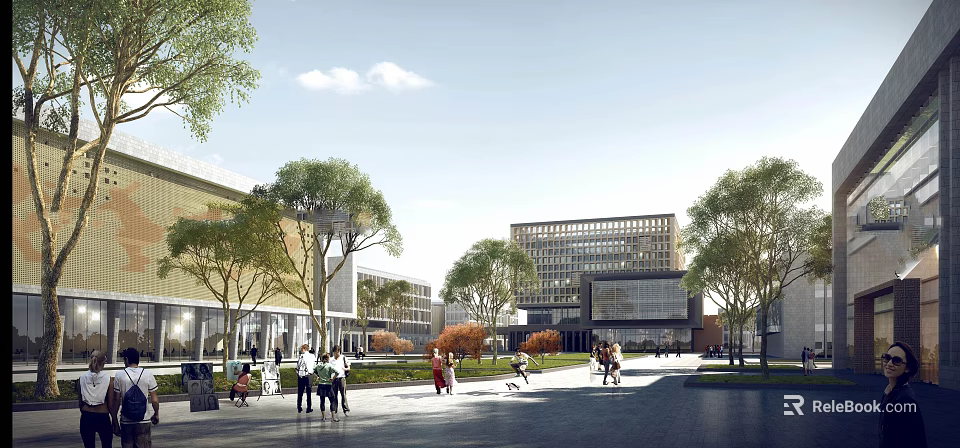 Modern School Buildings Architectural Design With Greenery And Students On Campus Plaza 3d model 
