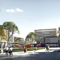 Modern School Buildings Architectural Design With Greenery And Students On Campus Plaza