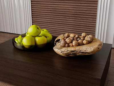 Green Apples In Black Plate And Walnuts In Wooden Tray On Dark Wooden Table 3d model