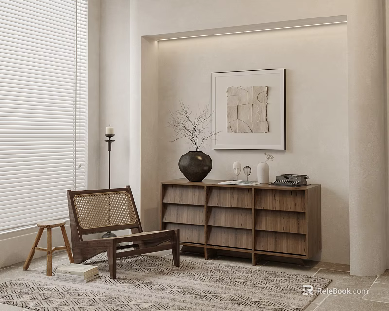 Modern Wooden Dresser in Living Room with Decorative Vase Abstract Painting and Minimalist Style 3d model 