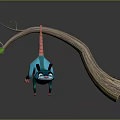 Blue Creature With Pink Tail Hanging On Curved Tree Branch With Green Leaf