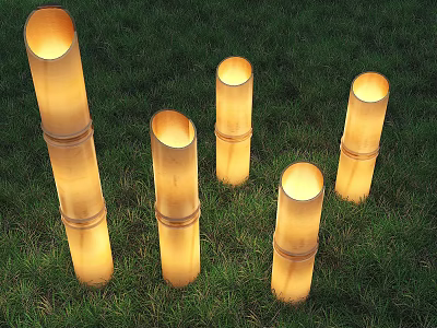 Bamboo Cylindrical Outdoor Lights Glowing Set of Five On Green Grass 3d model