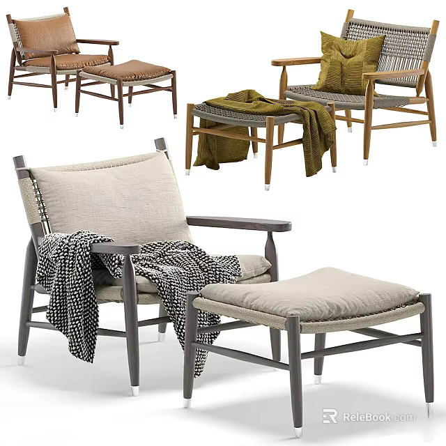 Modern Cozy Armchair With Wooden Frame Ottoman Throw Blanket And Green Cushions 3d model 