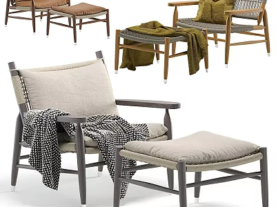 Modern Cozy Armchair With Wooden Frame Ottoman Throw Blanket And Green Cushions 3d model