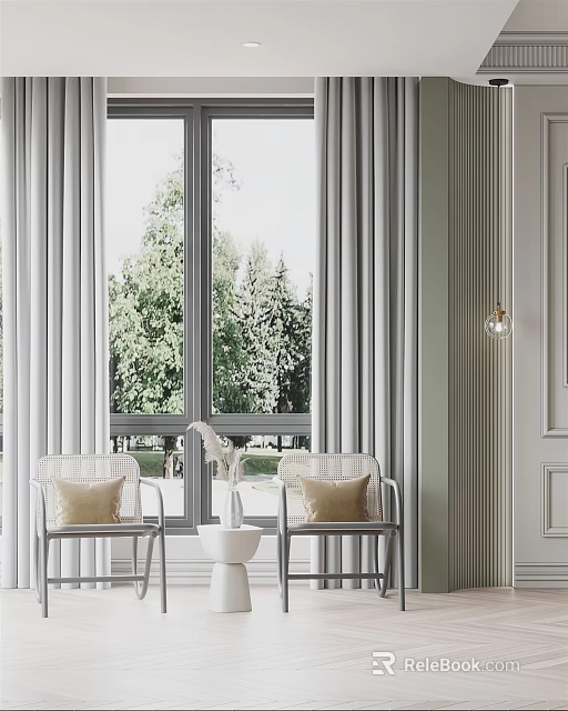 Wicker Chairs With Beige Cushions And Small White Table By Large Window With Green Trees 3d model 
