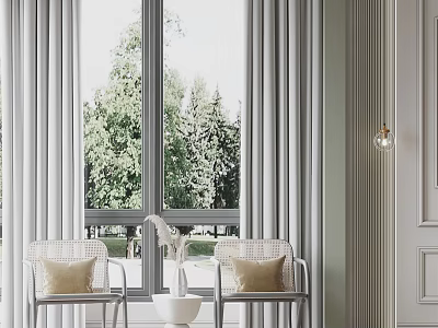 Wicker Chairs With Beige Cushions And Small White Table By Large Window With Green Trees 3d model