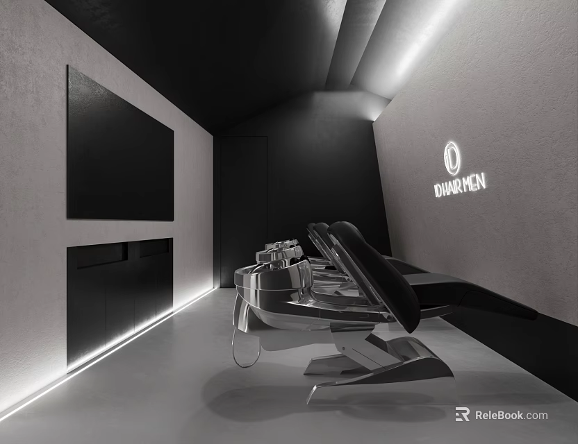 Modern Beauty Salon With Black White Walls Black Chair Silver Equipment And DUARICHI Logo 3d model 
