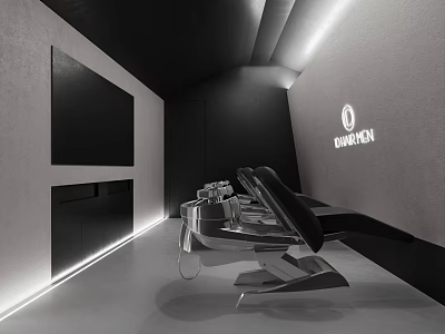 Modern Beauty Salon With Black White Walls Black Chair Silver Equipment And DUARICHI Logo 3d model