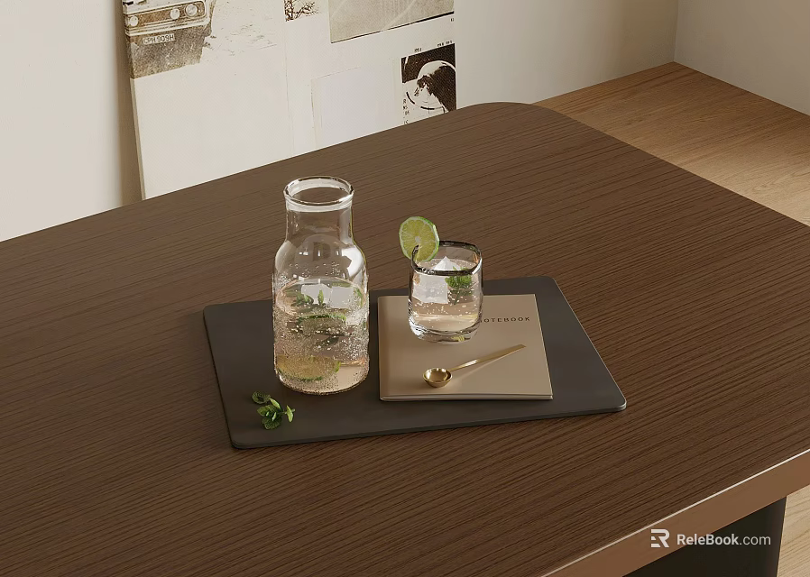 Refreshing Lime Mint Beverage in Glass on Wooden Table with Tray and Spoon 3d model 