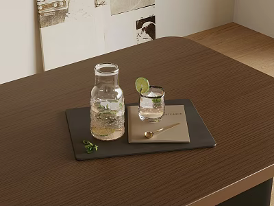 Refreshing Lime Mint Beverage in Glass on Wooden Table with Tray and Spoon 3d model