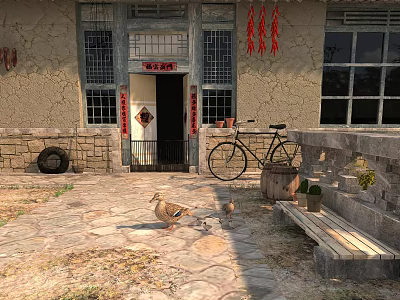 Traditional Garden Landscape with Stone Walls Wooden Door Red Couplets Ducklings and Stone Slab Path 3d model