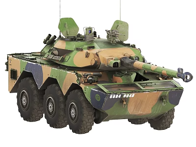 Camouflaged Wheeled Military Tank With Turret Antennas And Armored Body 3d model