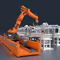 Industrial Robotic Arm Operating On Metal Components With White Base And Sparks