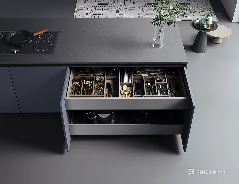 Modern Kitchen Cabinet With Open Drawers Organized Storage And Countertop 3d model 