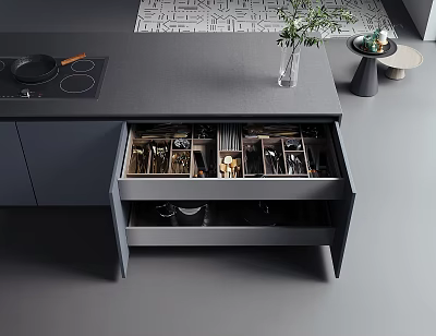 Modern Kitchen Cabinet With Open Drawers Organized Storage And Countertop 3d model