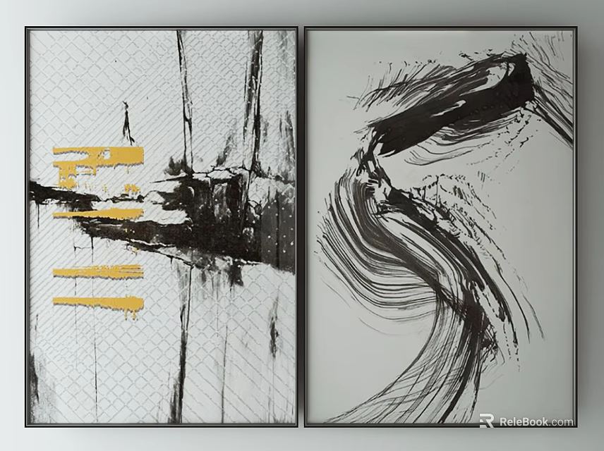Modern Abstract Paintings With Black White Gold Brush Strokes For Wall Art 3d model 