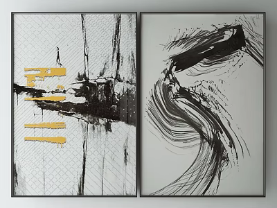 Modern Abstract Paintings With Black White Gold Brush Strokes For Wall Art 3d model