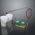 Fishing Gear Collection With Rod Landing Net Buckets And Green Tackle Box