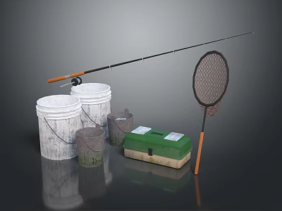Fishing Gear Collection With Rod Landing Net Buckets And Green Tackle Box 3d model