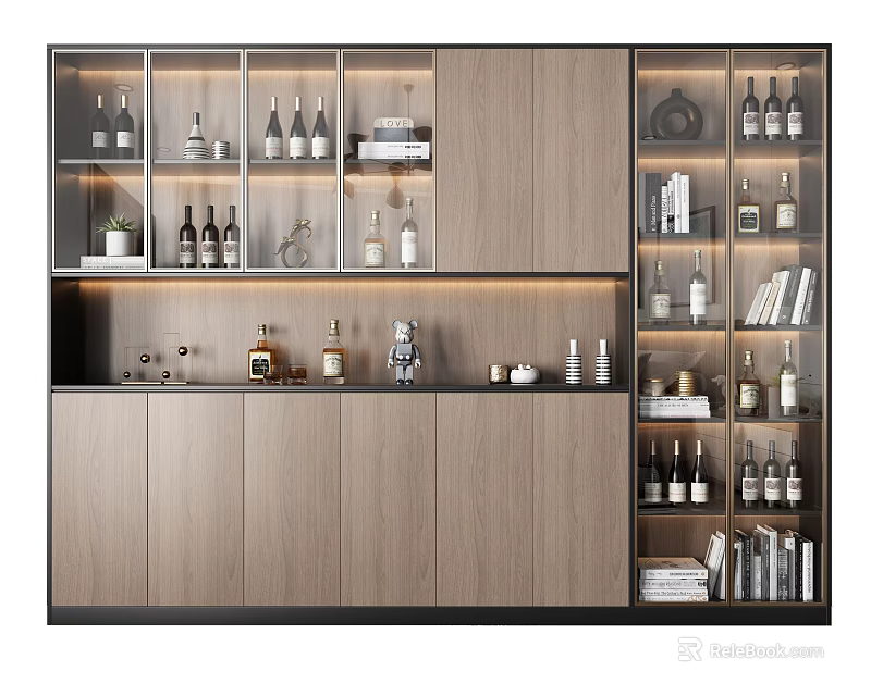Modern Wooden Wine Cabinet With Glass Doors And Display Shelves For Bottles And Decorations 3d model 