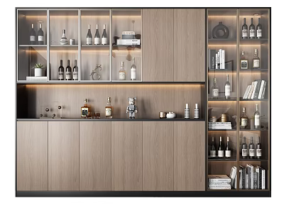 Modern Wooden Wine Cabinet With Glass Doors And Display Shelves For Bottles And Decorations 3d model