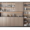 Modern Wooden Wine Cabinet With Glass Doors And Display Shelves For Bottles And Decorations
