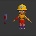 Game Movie Character In Yellow Helmet Orange Top Red Shorts Purple Boots With Tool