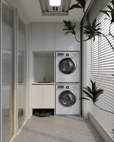 Home Balcony Laundry Space With White Cabinets Stacked Washing Machines Sink Blinds And Green Plants 3d model