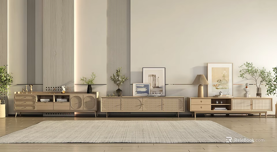 Modern TV Stand Interior Design With Wooden Cabinets Framed Art And Table Lamp 3d model 