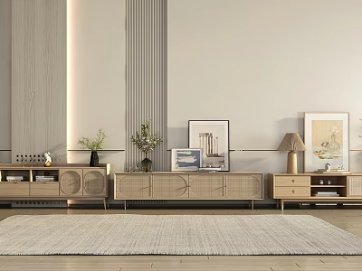 Modern TV Stand Interior Design With Wooden Cabinets Framed Art And Table Lamp 3d model