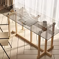 Stylish Glass Top Wooden Desk Featuring Cross Leg Design Open Magazine White Coffee Cup