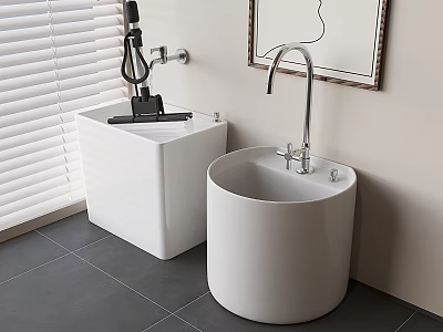 White Bathroom Accessories Featuring Square And Round Pedestal Basins With Faucet 3d model