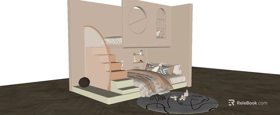 Modern Bunk Bed Design With Spiral Stairs Light Colored Walls And Soft Bedding 3d model 