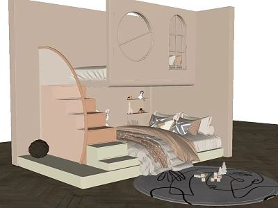 Modern Bunk Bed Design With Spiral Stairs Light Colored Walls And Soft Bedding 3d model
