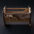 Vintage Wooden Rocking Baby Crib With Striped Blanket And Classic Design
