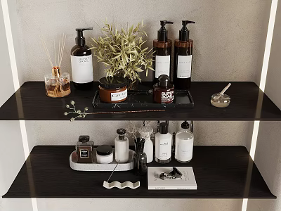 Stylish Organized Bathroom Shelves With Skincare Bottles Diffusers And Olive Plant 3d model