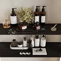 Stylish Organized Bathroom Shelves With Skincare Bottles Diffusers And Olive Plant