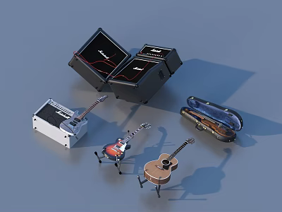Variety of Acoustic and Electric Guitars with Open Cases and Display Stands 3d model
