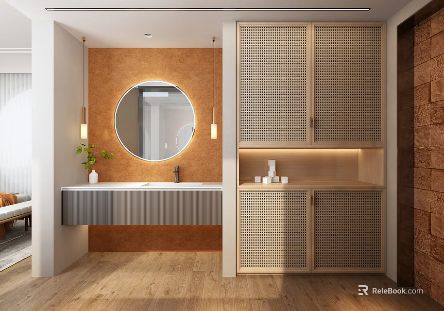 Modern Bathroom Vanity With Round Mirror Wall Sconces Wooden Floor Grid Cabinets And Green Plant Decor 3d model 