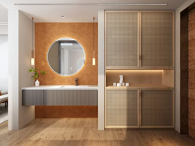 Modern Bathroom Vanity With Round Mirror Wall Sconces Wooden Floor Grid Cabinets And Green Plant Decor 3d model