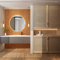 Modern Bathroom Vanity With Round Mirror Wall Sconces Wooden Floor Grid Cabinets And Green Plant Decor