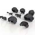 Black Textured Sculptural Scene Components In Various Sizes And Shapes
