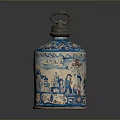 Traditional Ceramic Jar With Lid And Painted Blue White Landscape Figures
