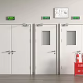 Green Traffic Signs With Three White Doors Red Fire Extinguisher Cabinet And Wall Chart