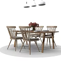 Rectangular Wooden Dining Table Set With Four Chairs Vase Red Flowers And Pendant Lights 3d model
