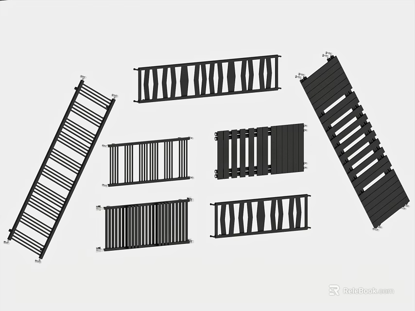 Modern Metal Railings With Various Designs Including Horizontal Bars Decorative Patterns And Different Structural Styles 3d model 