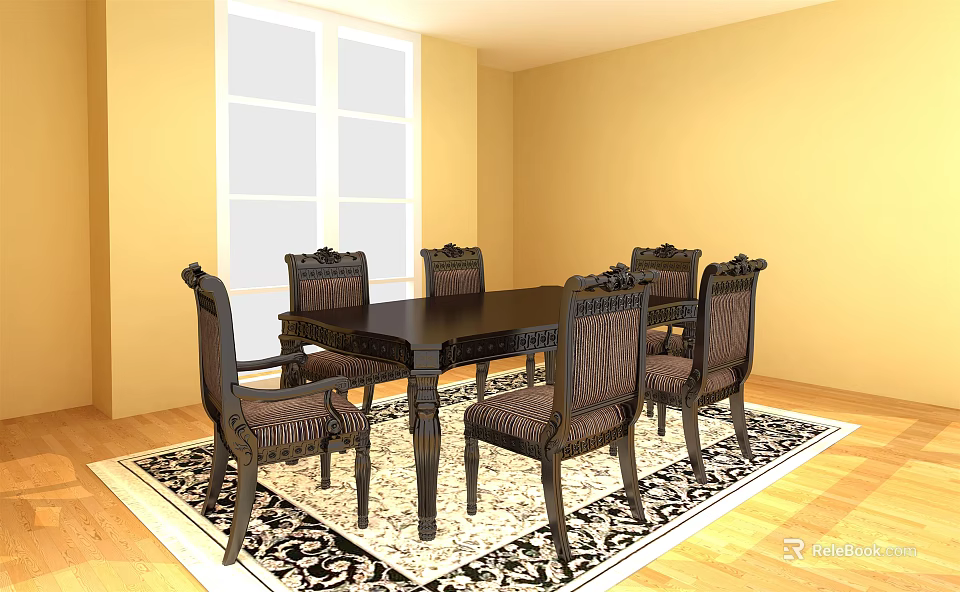Classic Black Dining Table Set With Six Carved Chairs On Patterned Rug And Yellow Walls 3d model 
